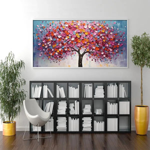 Textured impasto painting of a vibrant pink jewel-toned tree in a modern living room setting.