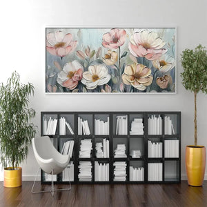 Textured impasto floral painting of soft pink and white blossoms, French elegance for living room.