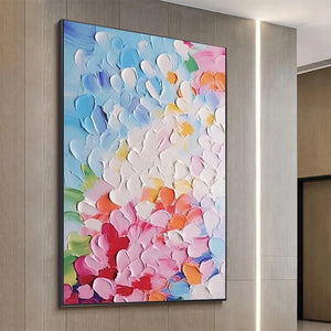 Blooming Bouquet impasto painting by Elodie Dubois. Floral art, vibrant colors, vertical, framed, for living room, bedroom.