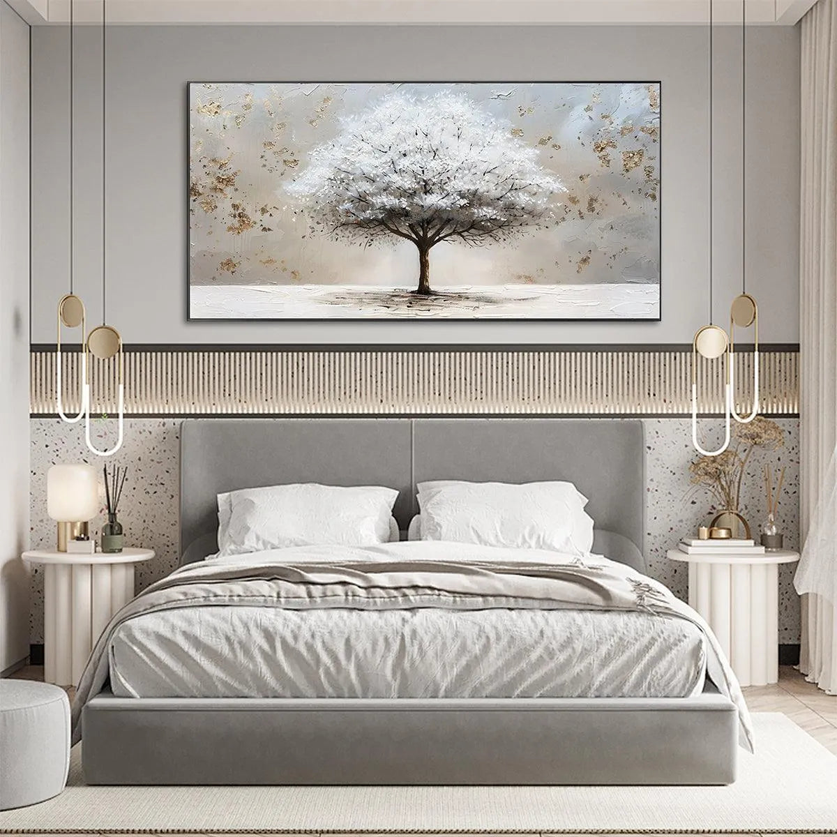 WINTER'S GRACE: Textured White Tree Painting with Gold Accents on Beige