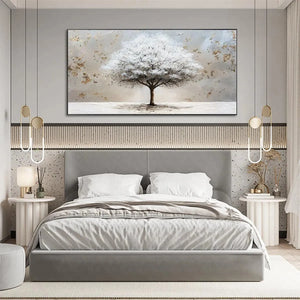 WINTER'S GRACE Liam O'Connell textured white tree painting with gold accents above a bed, lifestyle setting.