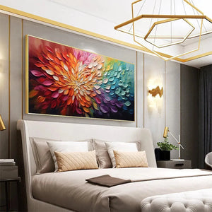 Rainbow Petals impasto floral painting by Willow Davies, displayed in a modern bedroom lifestyle setting.