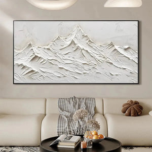 Textured impasto white mountain painting by Javier Ramirez, horizontal minimalist abstract art for living room.