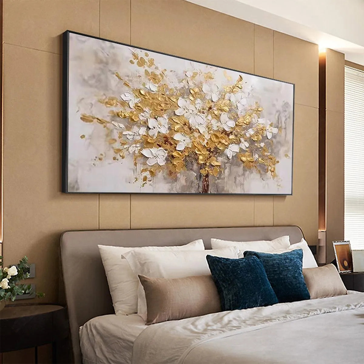 GOLDEN GARDEN: Textured White and Gold Floral Impasto Painting