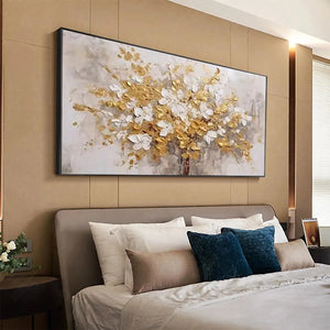 Golden Garden by Elodie Dubois: White and gold textured floral impasto painting, adding French elegance above a bed.