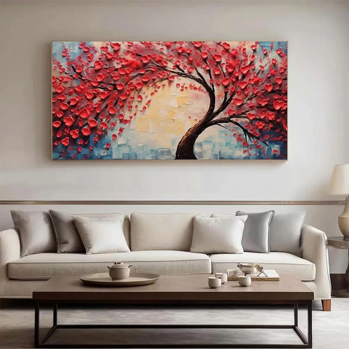 HEART TREE: Textured Impasto Red Tree Painting with Heart-Shaped Leaves