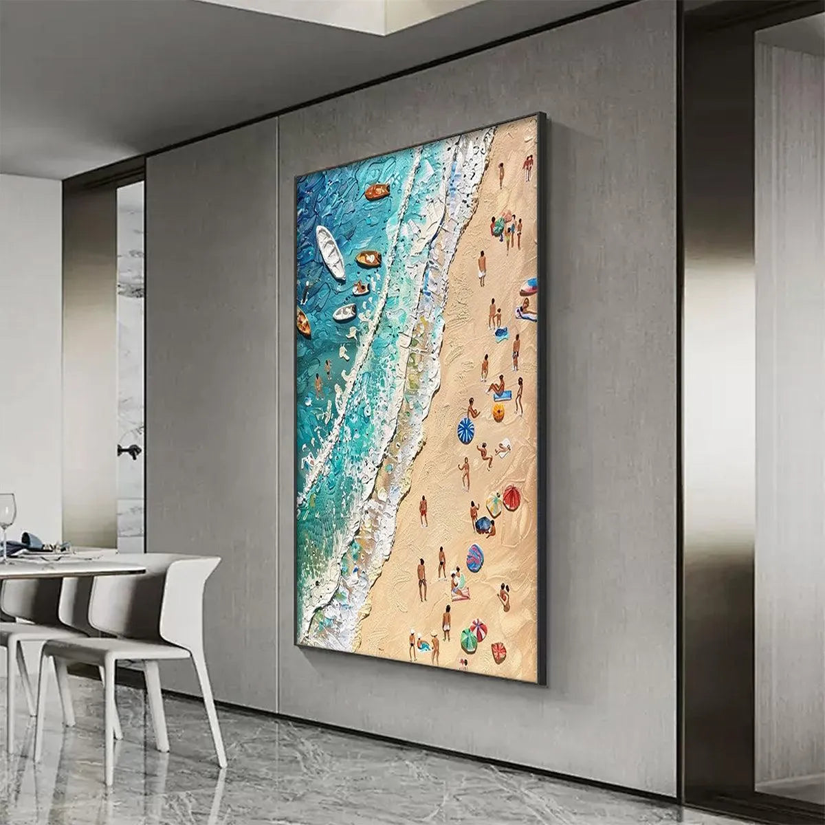 SUN-KISSED SHORES: Textured Beach Scene Painting with Figures