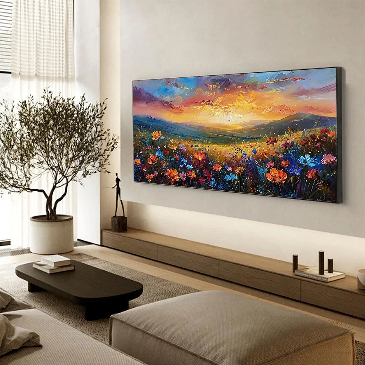 SUNSET SERENADE: Textured Floral Landscape Painting, Impasto Wall Art, Horizontal Canvas, Sunset Decor