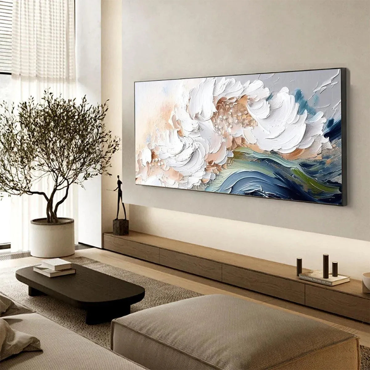 OCEAN WHISPERS: Textured Abstract Seascape Painting, White and Blue Wall Art, Panoramic Canvas, Coastal Decor