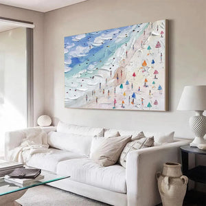 Beach Day Vibes horizontal wall art by Liam O'Connell: Textured beach scene with figures and colorful umbrellas.