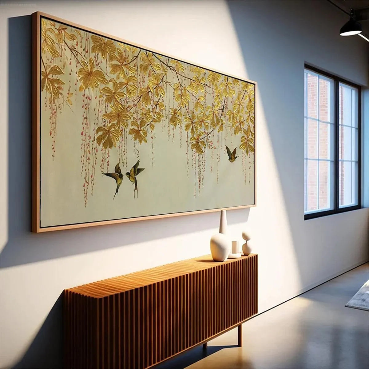 GOLDEN GARDEN: Panoramic Golden Leaf and Bird Painting | Asian Art