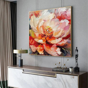 Textured impasto painting of a pink and orange peony by Isabella Rossi, displayed in a modern living room setting.