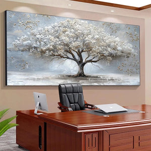 Silver Lining tree painting by Liam O'Connell. Textured white and gold on grey, framed wall art for home or office.