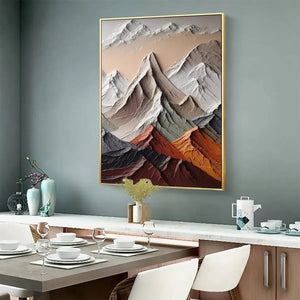 Textured impasto mountain painting in earthy tones, showcasing dimensional peaks. Room decor.