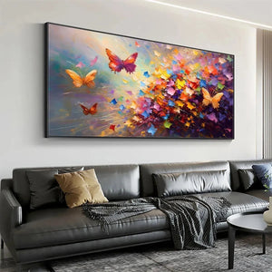 Willow Davies "Butterfly Flight" painting, butterflies, abstract background, in living room. Room Decor Showcase.