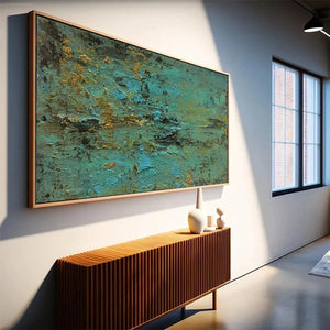 Golden Tide abstract painting by Willow Davies in teal and gold, framed artwork for modern living spaces.