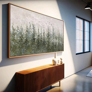 Misty Forest original textured horizontal wall art by Liam O'Connell in modern living room.