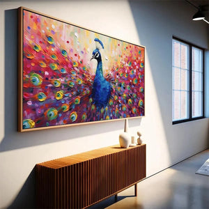 Majestic Peacock painting, fanned tail feathers, vibrant blues, greens, and reds, textured brushstrokes. By Willow Davies.