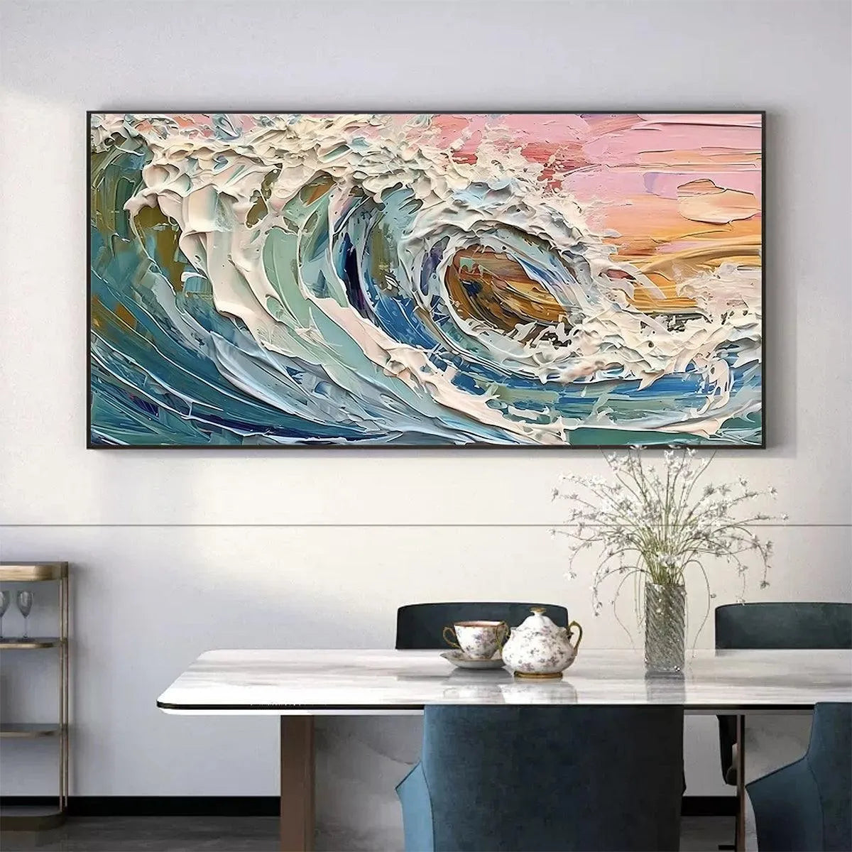 CORAL CREST: Textured Ocean Wave Painting in Pink and Blue