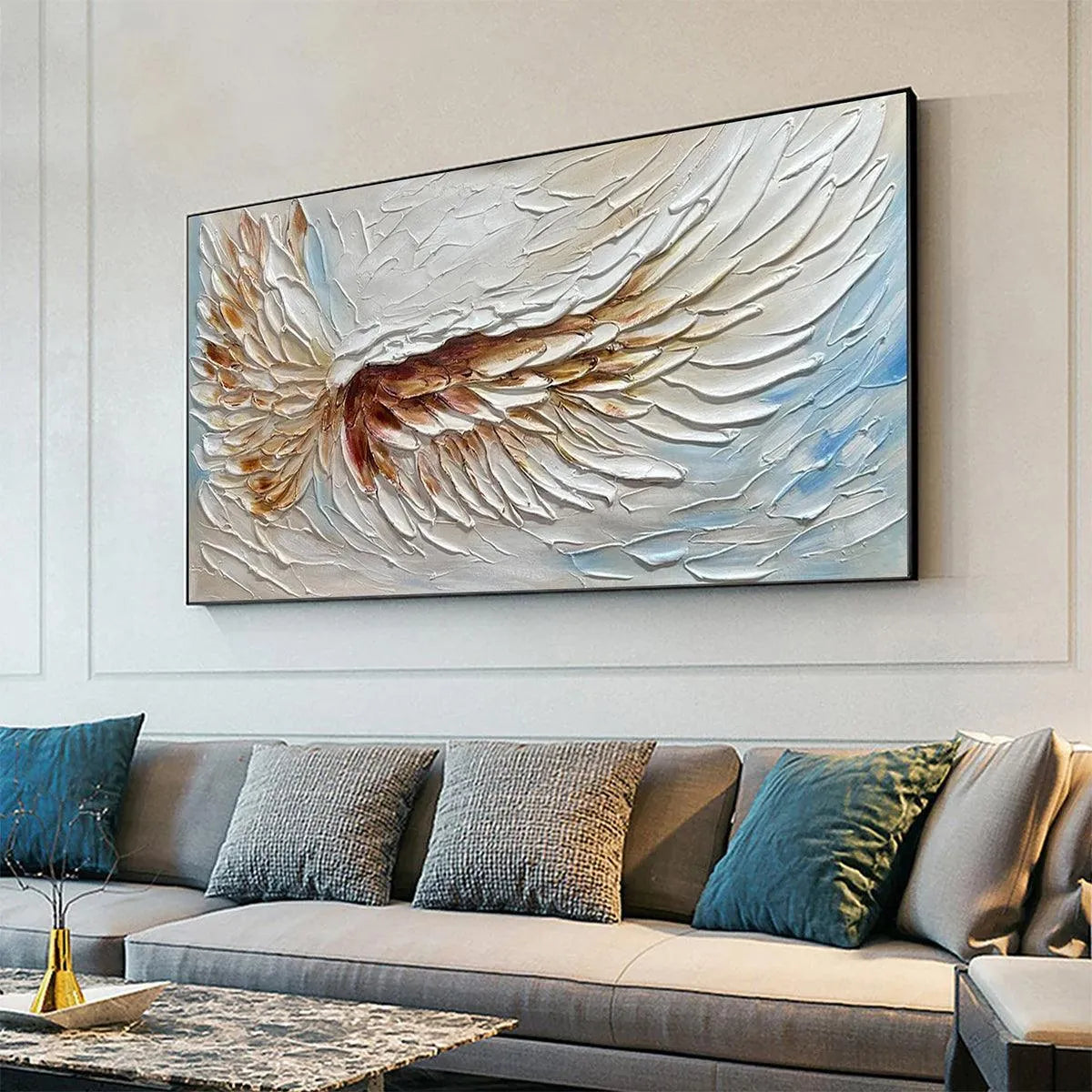 ANGEL WINGS: Textured White and Gold Angel Wing Painting