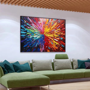 Chak Yu Lam textured impasto painting with vibrant rainbow colors, displayed above a modern green sofa in a living room.