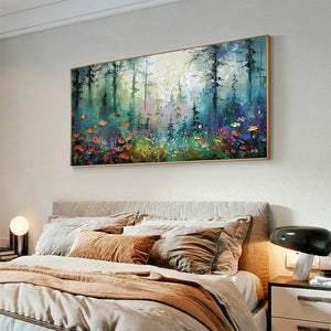 Elodie Dubois 'Whispering Woods' painting: impressionistic forest with wildflowers, scaled for modern bedroom.