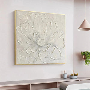 White Peony textured floral painting in gold frame by Elodie Dubois. Minimalist impasto artwork for elegant home decor.