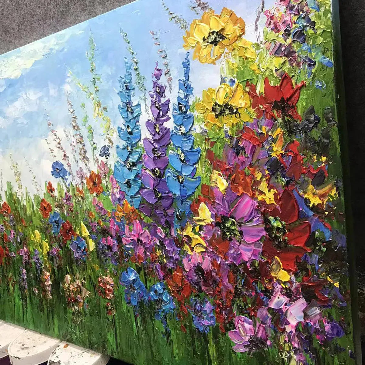 Wild Bloom Meadow: Panoramic Impasto Wildflower Oil Painting on Canvas