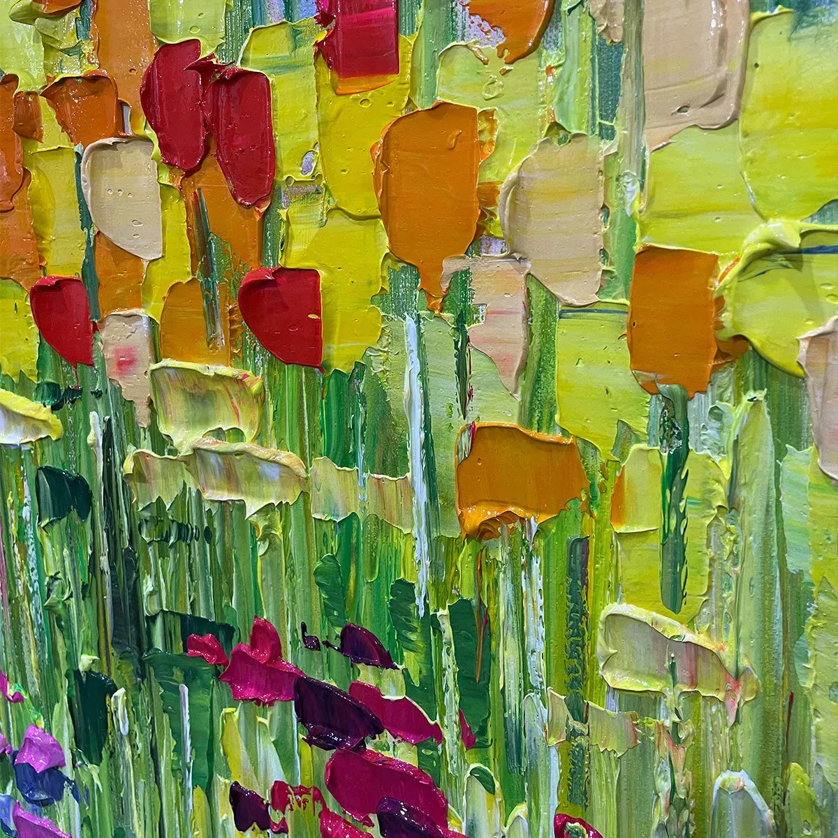 RAINBOW FIELD: Panoramic Impasto Colorful Flower Field Oil Painting