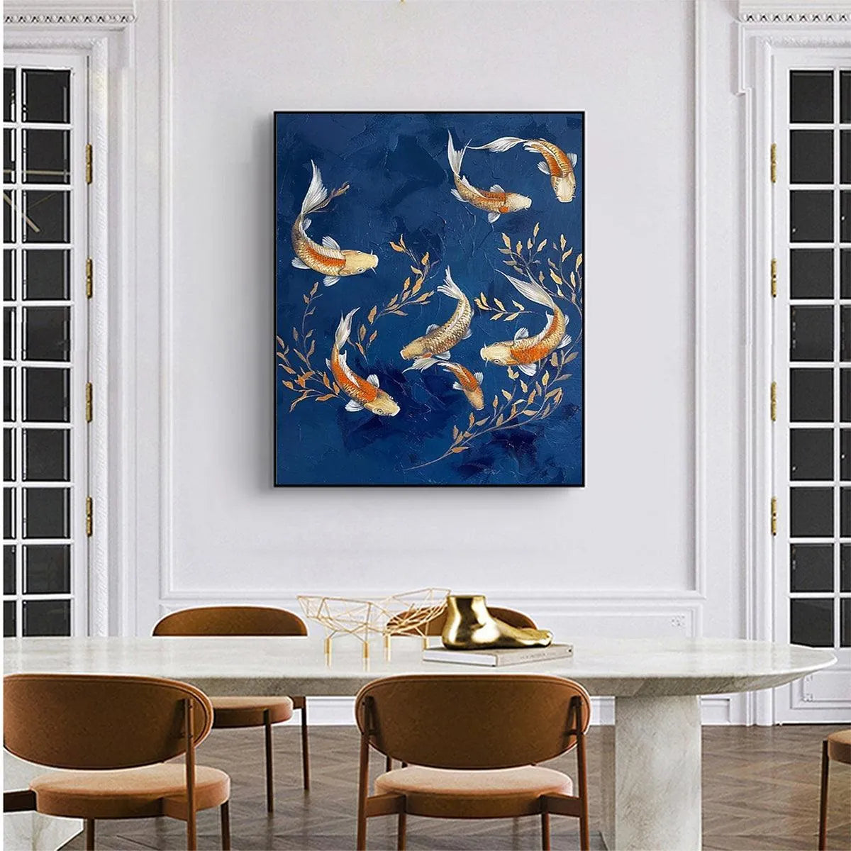 GOLDEN KOI: Vertical Koi Fish Painting on Blue Background