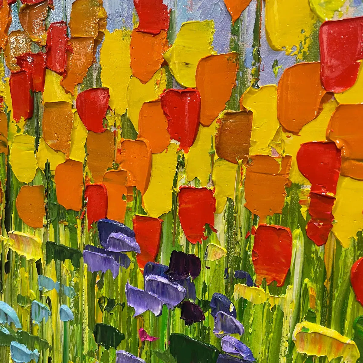 RAINBOW FIELD: Panoramic Impasto Colorful Flower Field Oil Painting