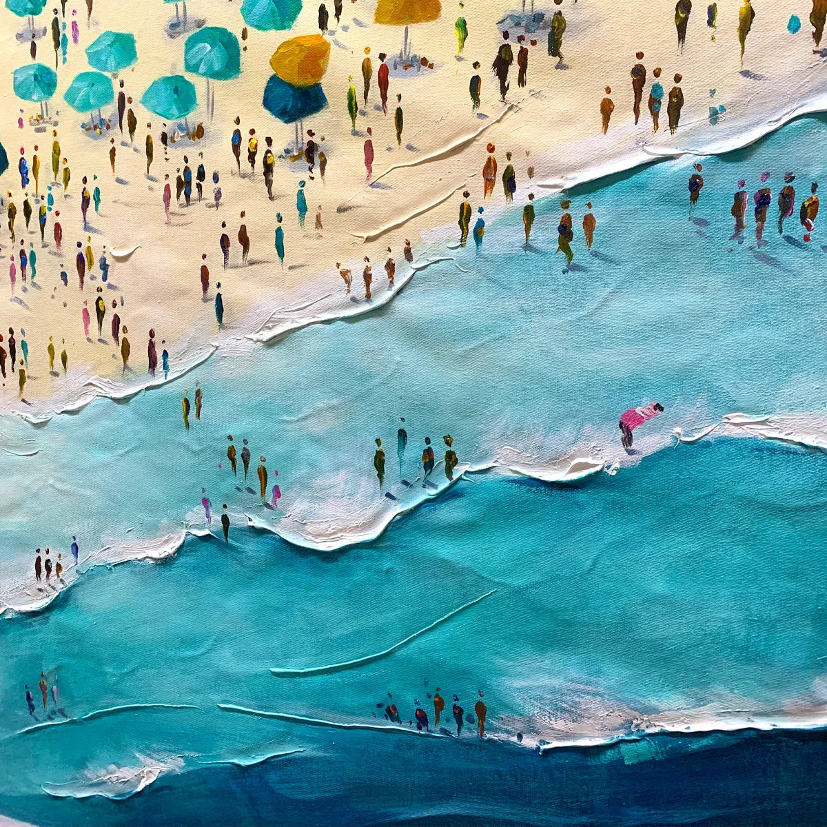 Summer Afternoon: Beach Scene Oil Painting with Beach Umbrellas on