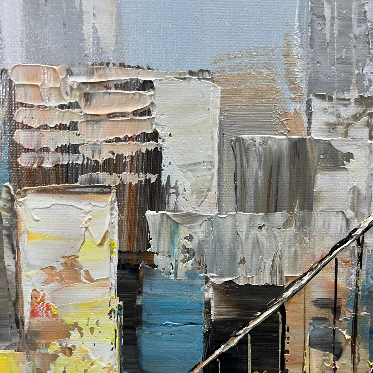 オリジナル切り絵アートワーク「Cityscape」・40x40cm・フレーム付き Urban Connectivity: Panoramic Cityscape Oil Painting with Bridge