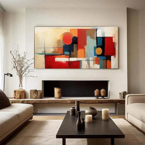 Horizontal Urban Geometry minimalist abstract art with red, gold, blue shapes over a modern living room fireplace.
