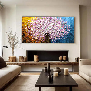 Pink Blossom Dream textured impasto painting: pink/white blossoms, gold/blue background in modern living room.