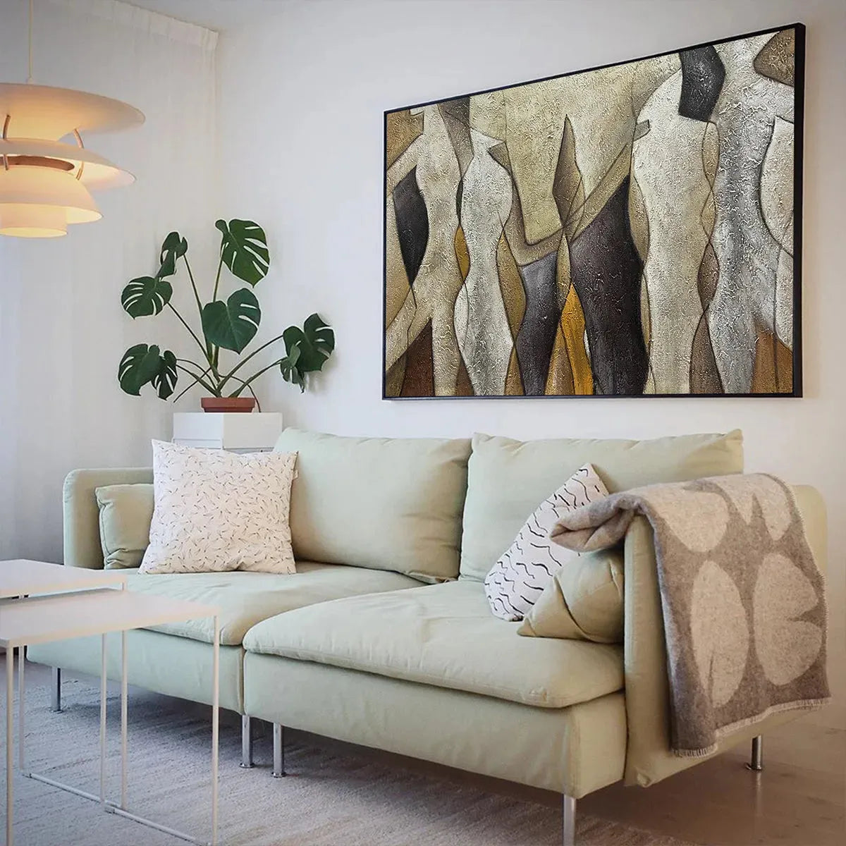 ABSTRACT FIGURES: Textured Abstract Figures Painting, Beige and Brown Wall Art, Horizontal Canvas, Modern Decor