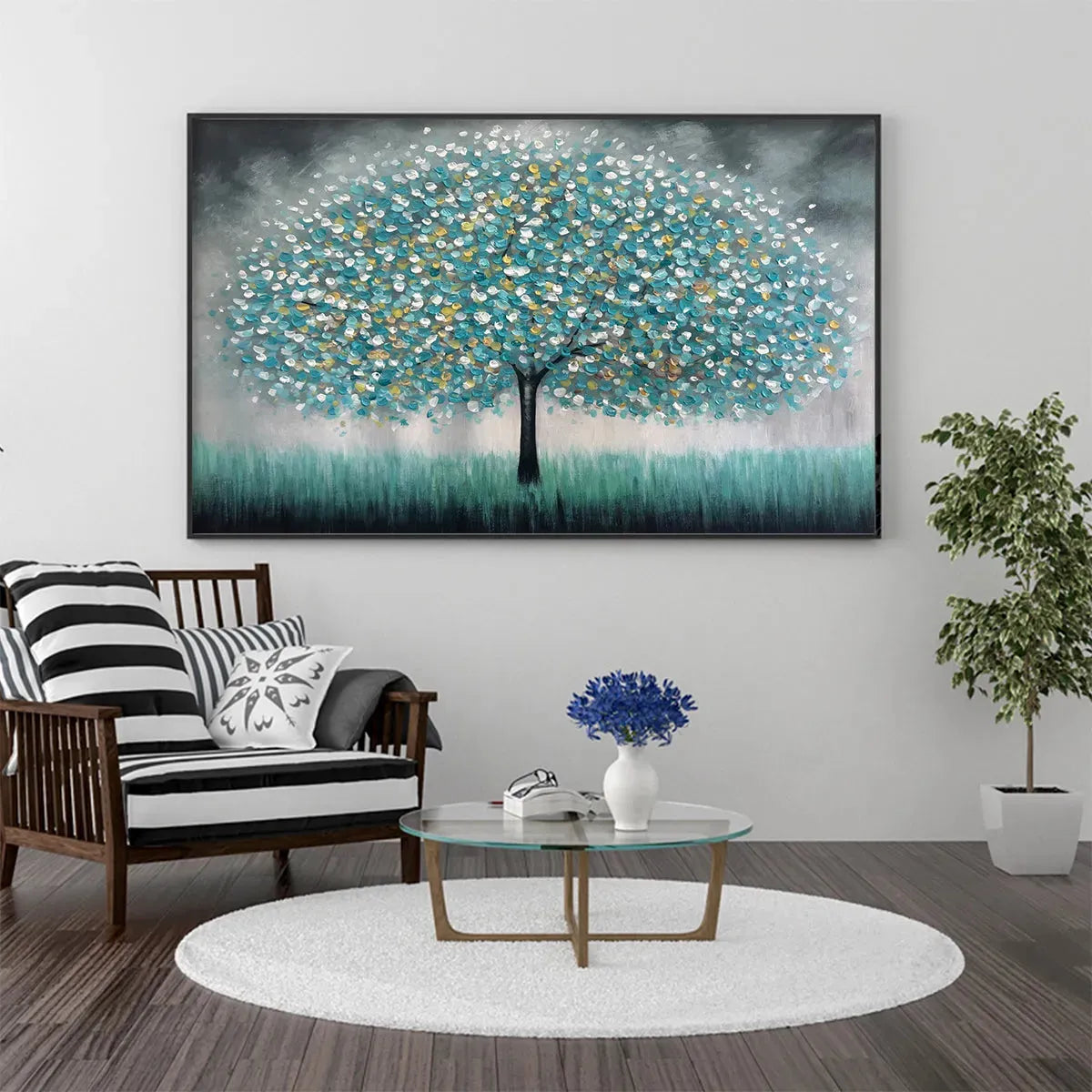 TEAL DREAM: Textured Tree Painting in Teal and Grey, Horizontal Canvas, Modern Wall Art