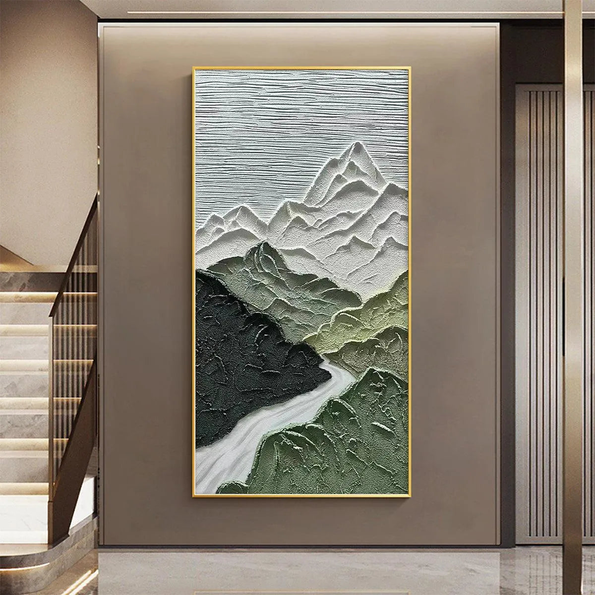 JADE PEAK: Textured Green and White Mountain Landscape Painting