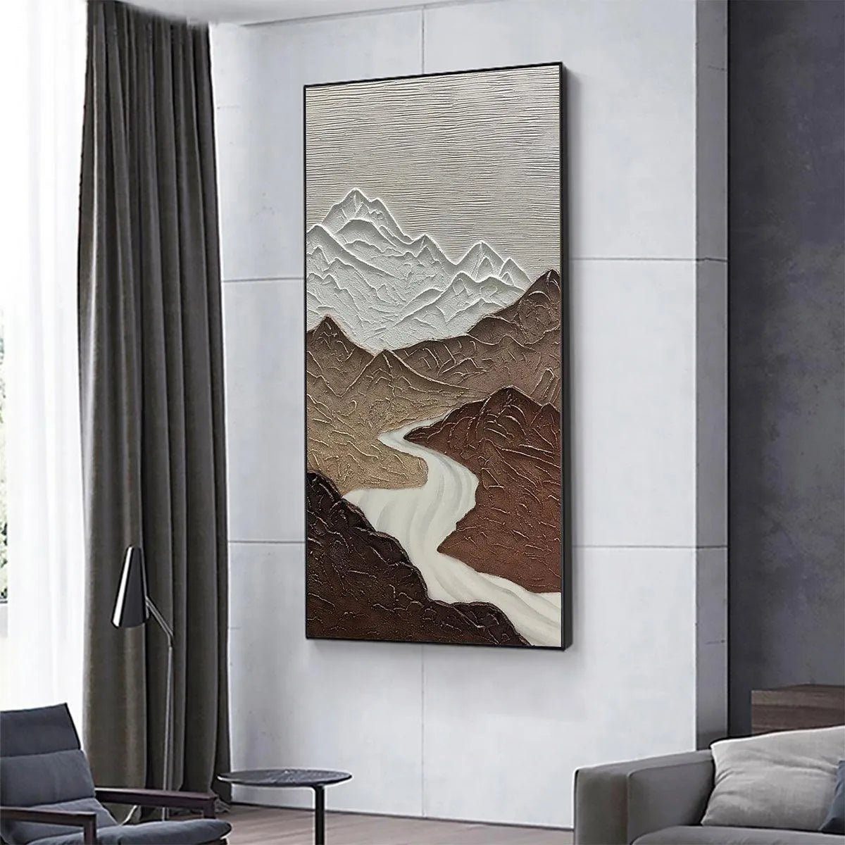 EARTH RIVER: Textured Brown and White Mountain River Landscape Painting