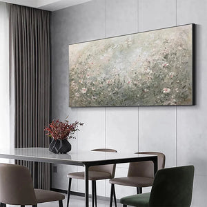 Whispering Meadow painting by Elodie Dubois in a dining room, impressionistic wildflower art, framed.