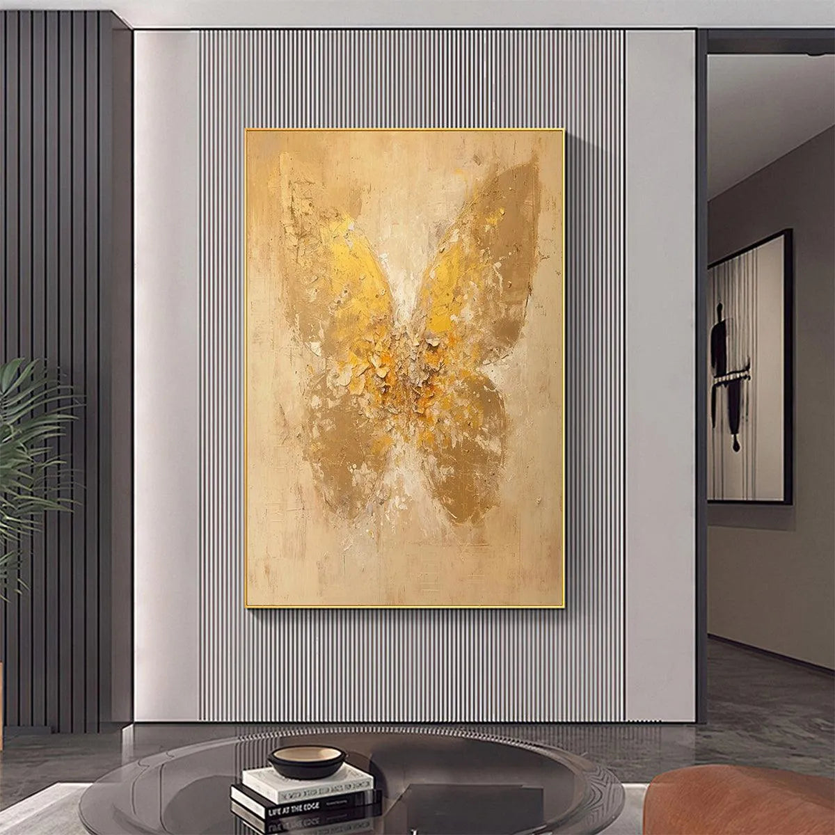 GOLDEN WINGS: Gold Butterfly Painting, Textured Wall Art, Vertical Canvas, Beige and Gold Decor