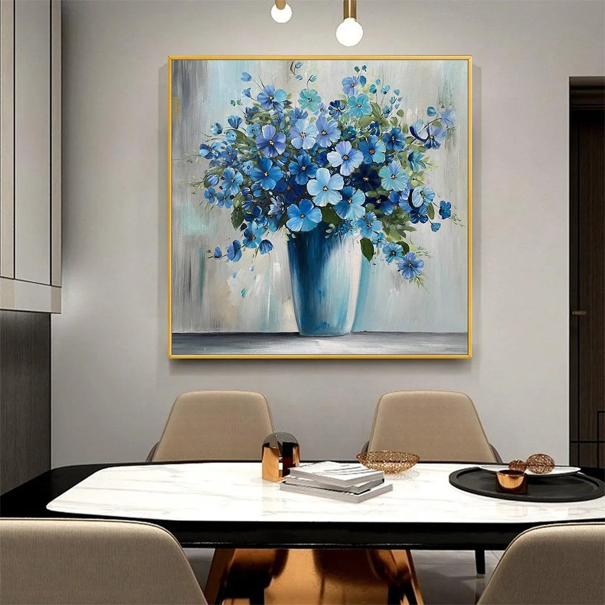 BLUE SERENITY: Blue Floral Painting, Square Canvas Art, Still Life Wall Decor, Calming Artwork