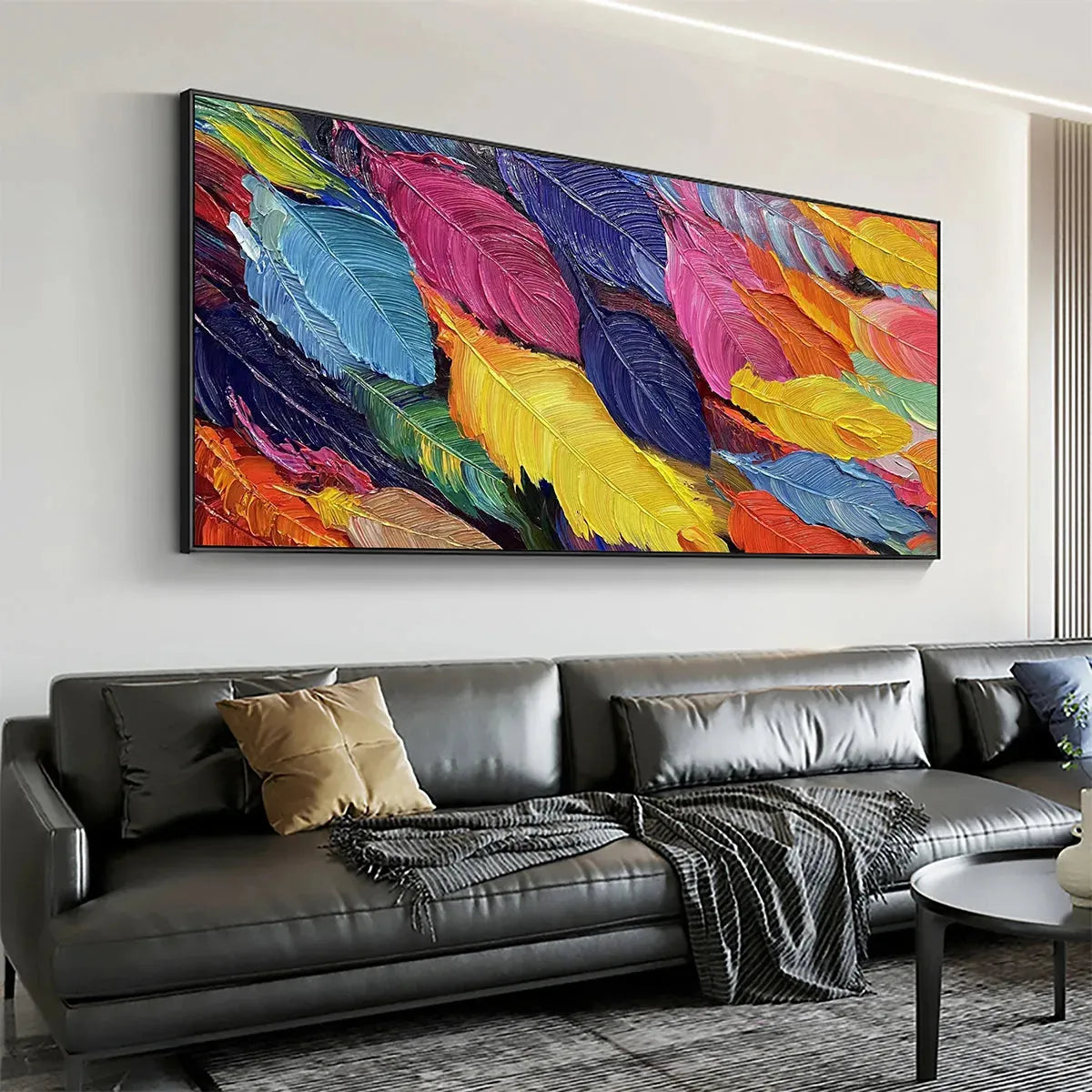 FEATHER DANCE: Horizontal Abstract Painting with Colorful Feathers, Textured Impasto, Modern Wall Art