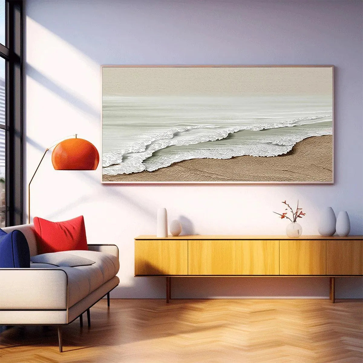 SERENE SHORE: Textured Coastal Landscape Painting in Beige