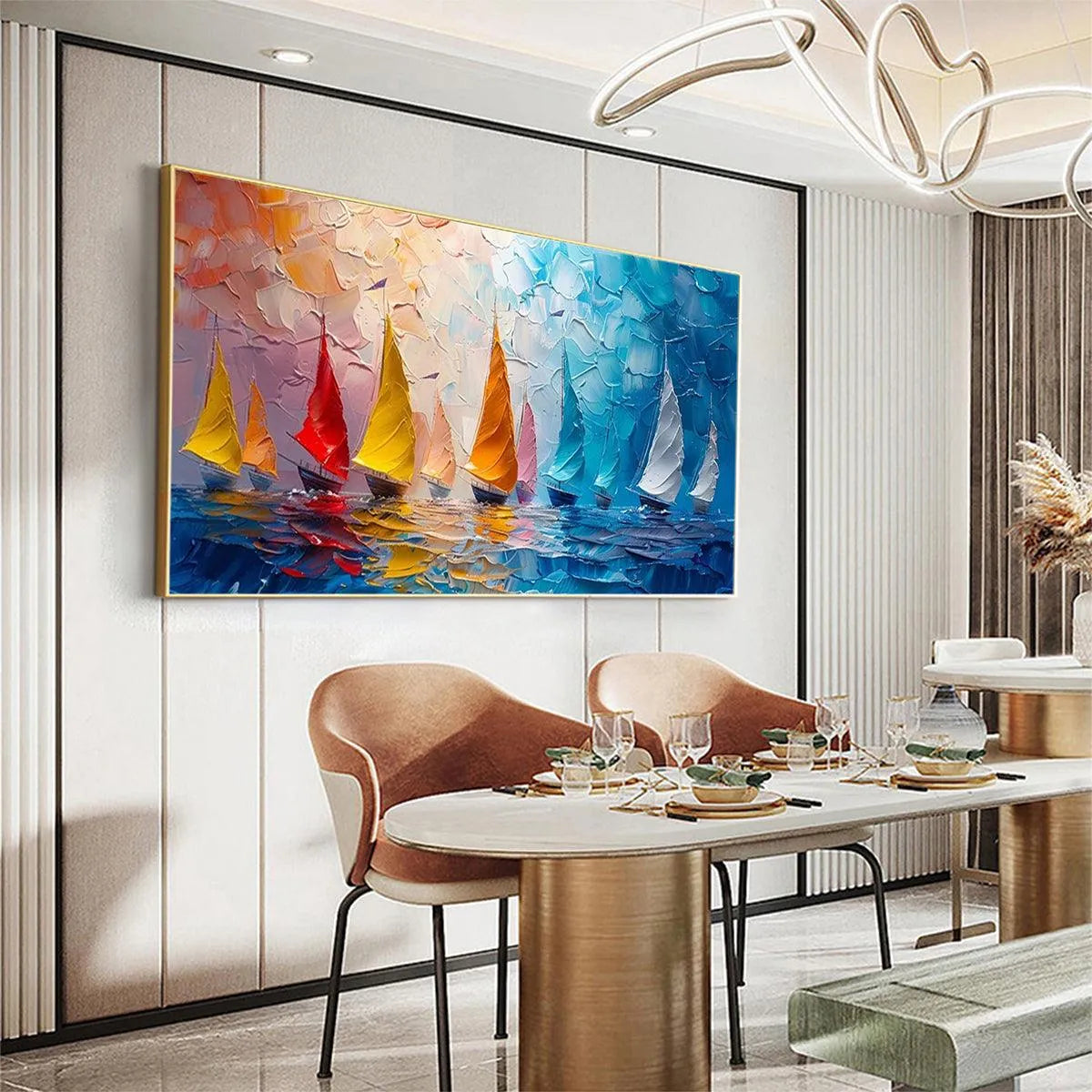 REGATTA: Textured Sailboat Painting, Impasto Wall Art, Panoramic Canvas, Coastal Decor