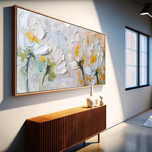 Elodie Dubois 'White Blossoms' textured impasto floral painting, white and yellow flowers, original artwork for living room