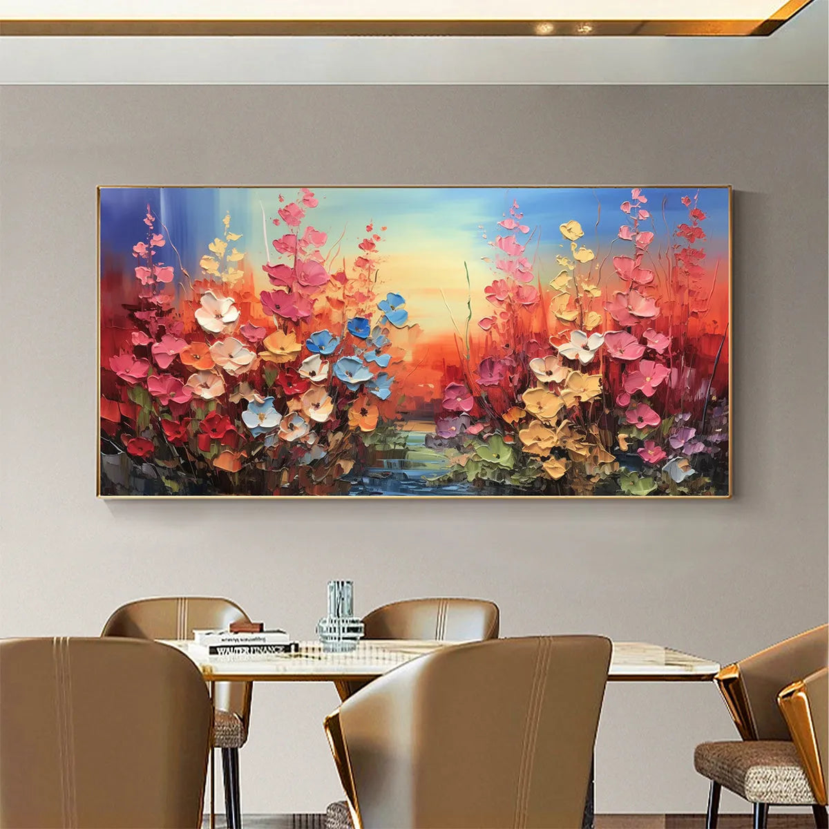 BLOOMING MEADOW: Panoramic Floral Landscape Painting, Impasto Flowers, Colorful, Living Room, Bedroom, Dining Room