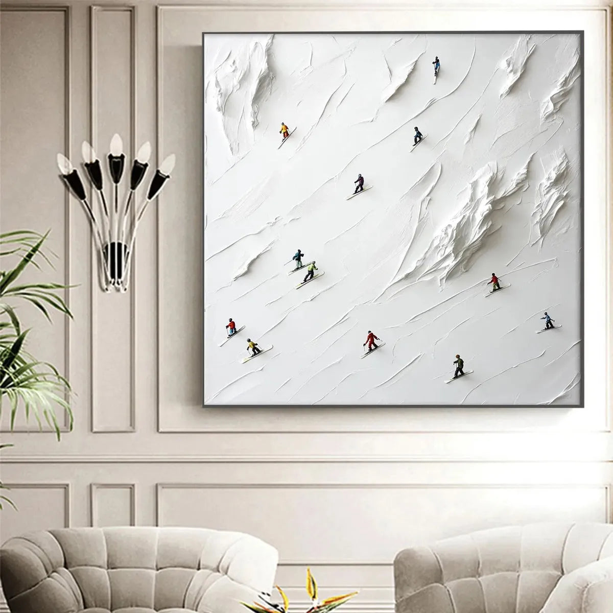 WHITE RUSH: Minimalist Skiing Painting on Textured Square Canvas