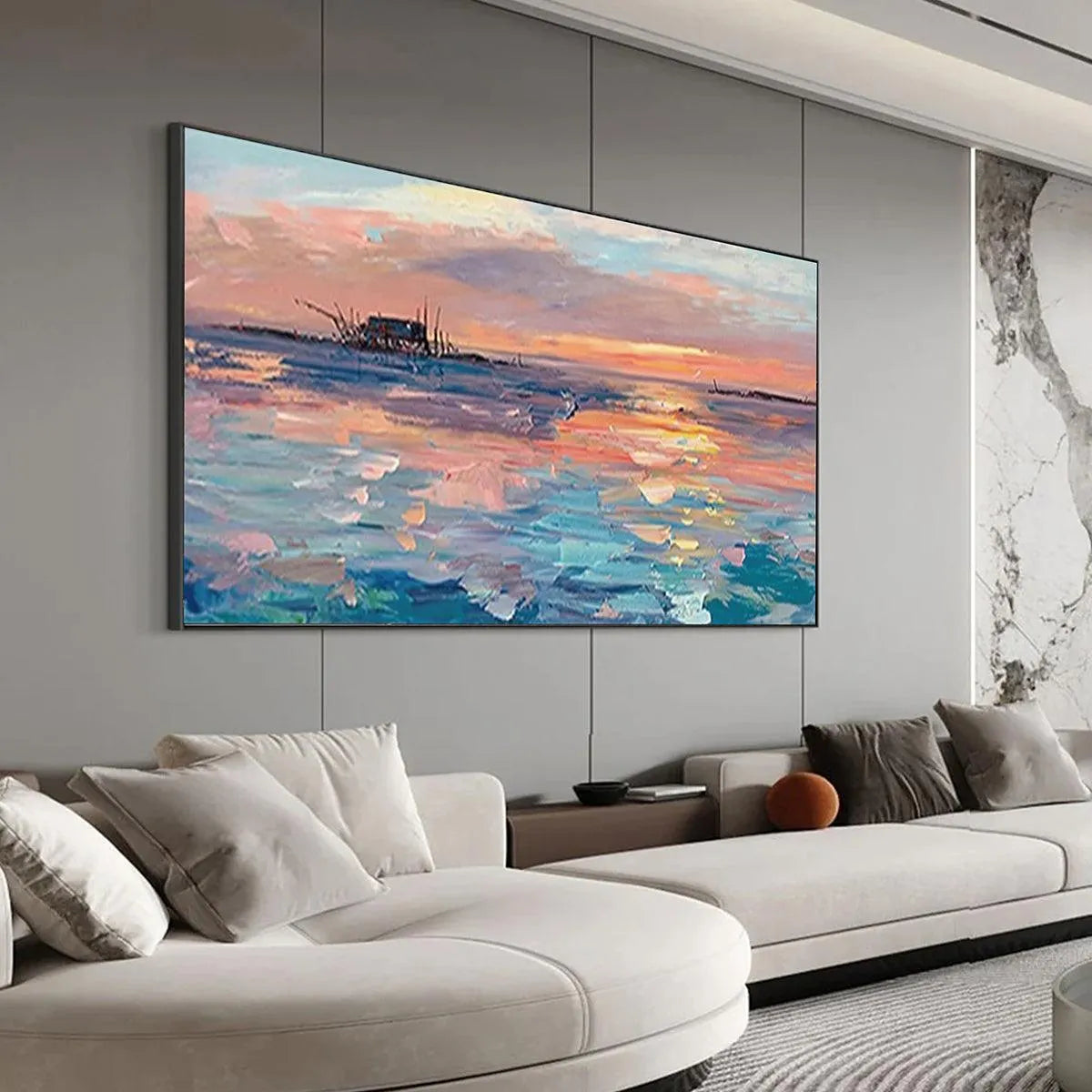 DUSK REFLECTIONS: Panoramic Coastal Sunset Painting, Minimalist Wall Art