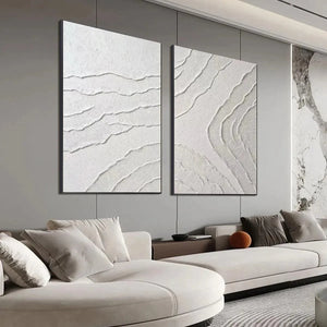 White Textured Lines Diptych by Isabella Rossi, abstract white artwork. Modern wall art for living room